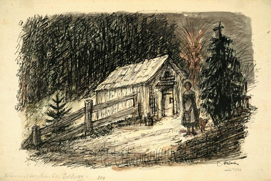 Alfred Kubin (1877–1959), Brunnenhäuschen bei Goldegg, um 1938, Aquarell, Tusche auf Papier, Oberösterreichisches Landesmuseum, Grafische Sammlung der Landesgalerie Linz, Inv.-Nr. Ha 3811 II, © Eberhard Spangenberg, München/Bildrecht Wien, 2019