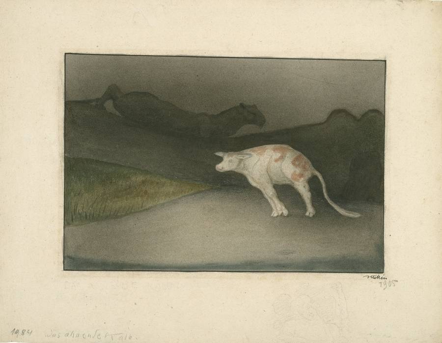 Alfred Kubin (1877–1959), Das ahnende Kalb, um 1903/1905, Aquarell, Tusche, gespritzt auf Katasterpapier, Oberösterreichisches Landesmuseum, Grafische Sammlung der Landesgalerie Linz, Inv.-Nr. Ha 3206 II, © Eberhard Spangenberg, München/Bildrecht Wie