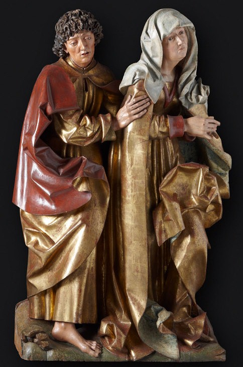 Maria-Johannes-Gruppe aus der „Halleiner Kreuzigungsgruppe“, Veit Stoß (1445–1533), Krakau (Polen) oder Salzburg (?), 1498–1500, Lindenholz, Salzburg Museum, Inv.-Nr. 156 d-32