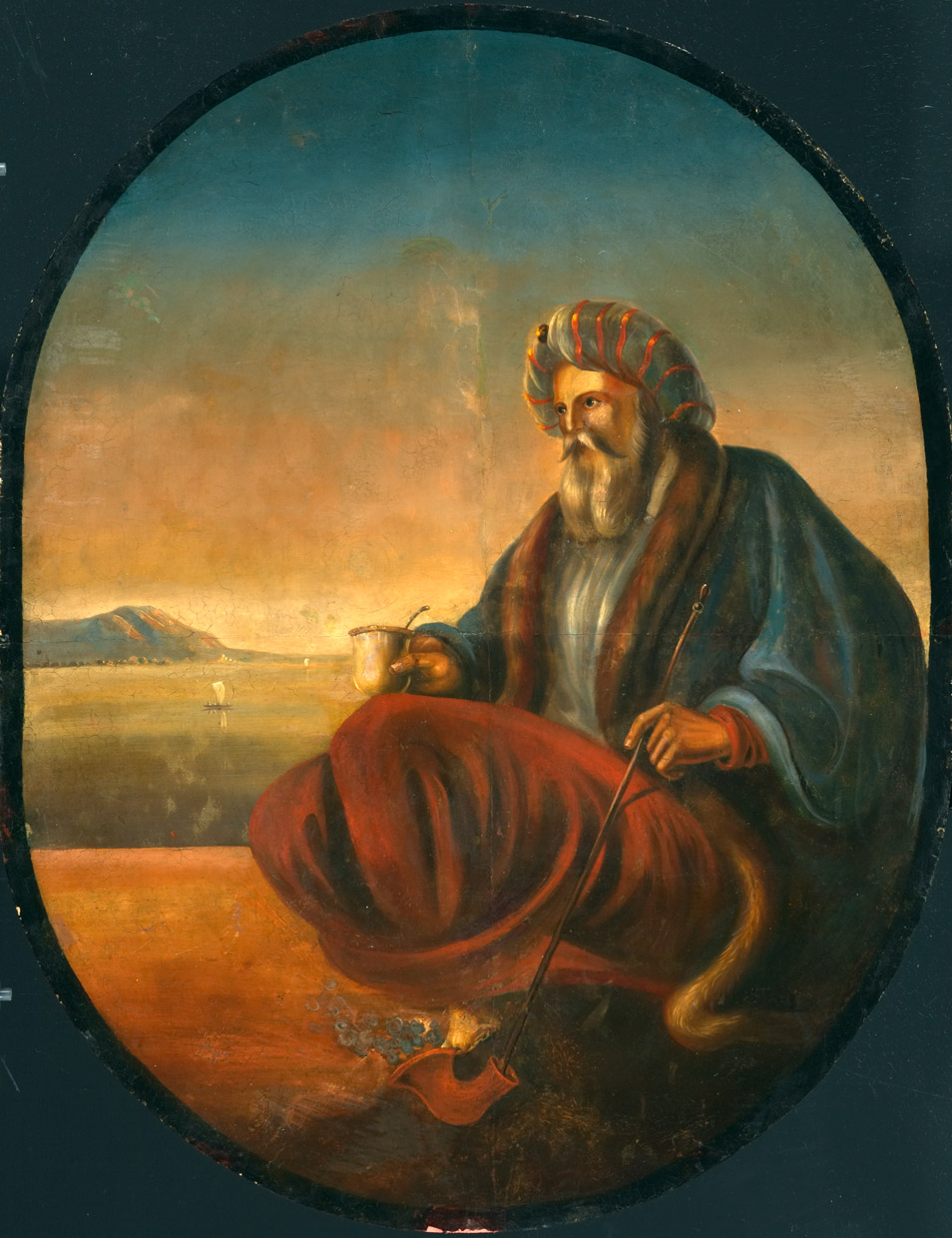 Kaffeehausschild: Kaffee trinkender, rauchender Orientale vor der Landschaft des Bosporus, um 1790, Öl auf Metall. © Salzburg Museum