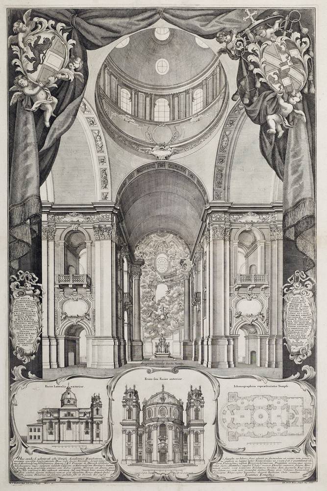 Johann Ulrich Krauß (1655–1719) nach Ämilian Rösch (1639–1711), Dedikationsstich zur Fertigstellung der Kollegienkirche, Salzburg, 1707, Kupferstich, © Salzburg Museum