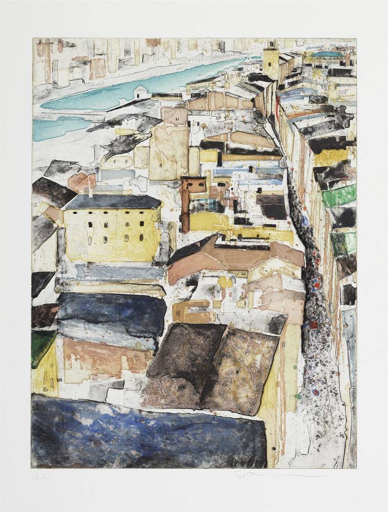 Salzburg, Getreidegasse (vom Mönchsberg), Gottfried Salzmann (*1943), 1995, Material / Technik: Farbradierung. Gedruckt von Kurt Zein Wien, für  Dr. Hans Widrich Edition Salzburg, Salzburg Museum, Inv.-Nr. 12204-2010