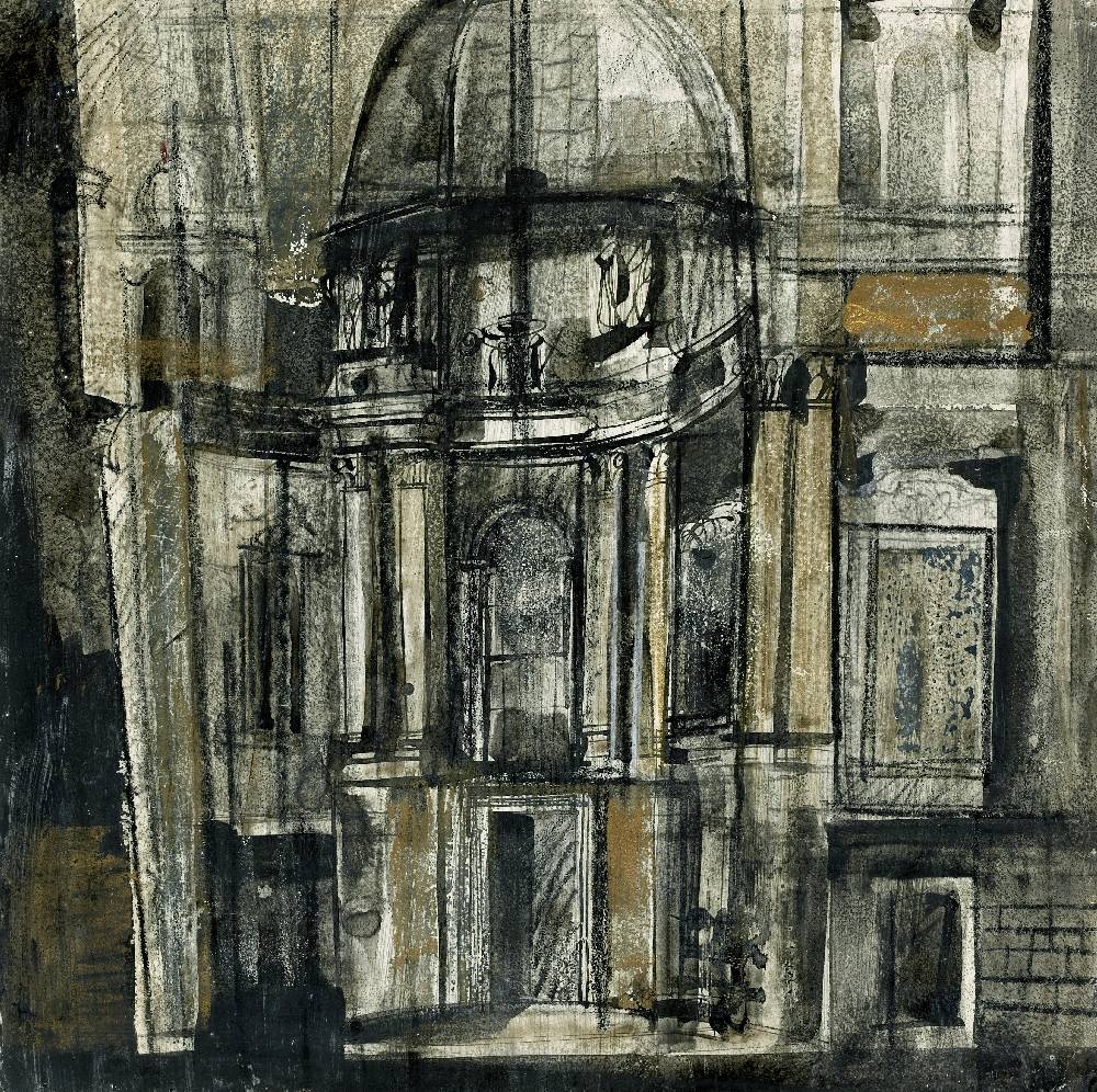 Dreifaltigkeitskirche in Salzburg, Kay Krasnitzky (1914–1978), Um 1960, Kohle, Bleistift, Tusche, Goldbronze auf Karton, Salzburg Museum, Inv.-Nr. 1032-2004
