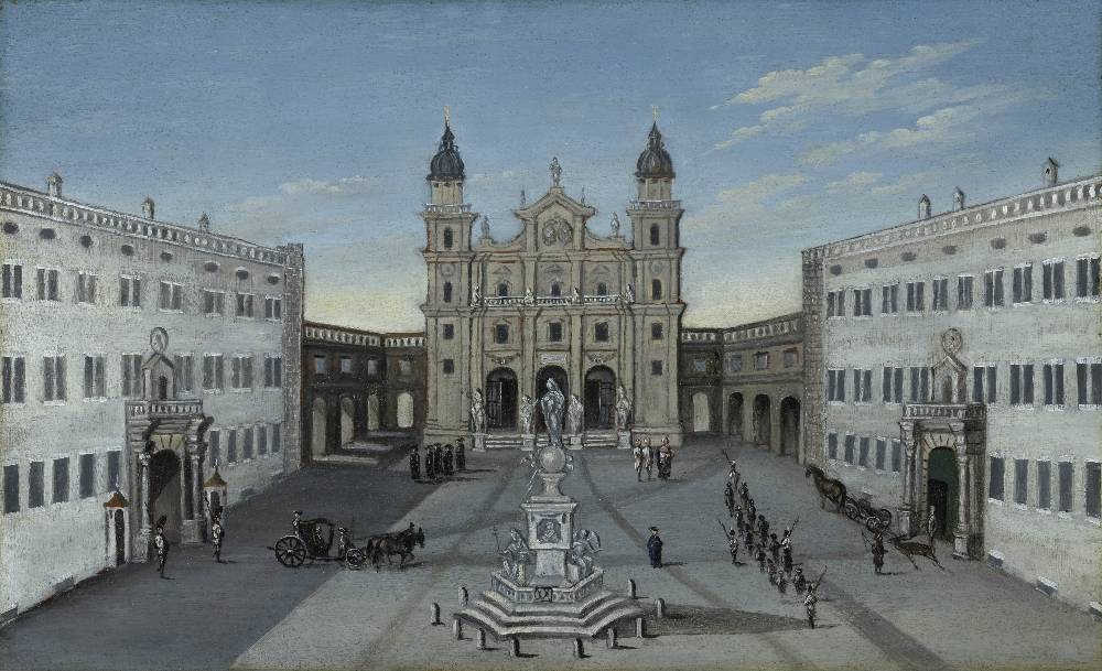 Domplatz in Salzburg, Carl Schneeweis (1745–1826), 2. Hälfte 18. Jh., Öl auf Holz, Salzburg Museum, Inv.-Nr. 83-40