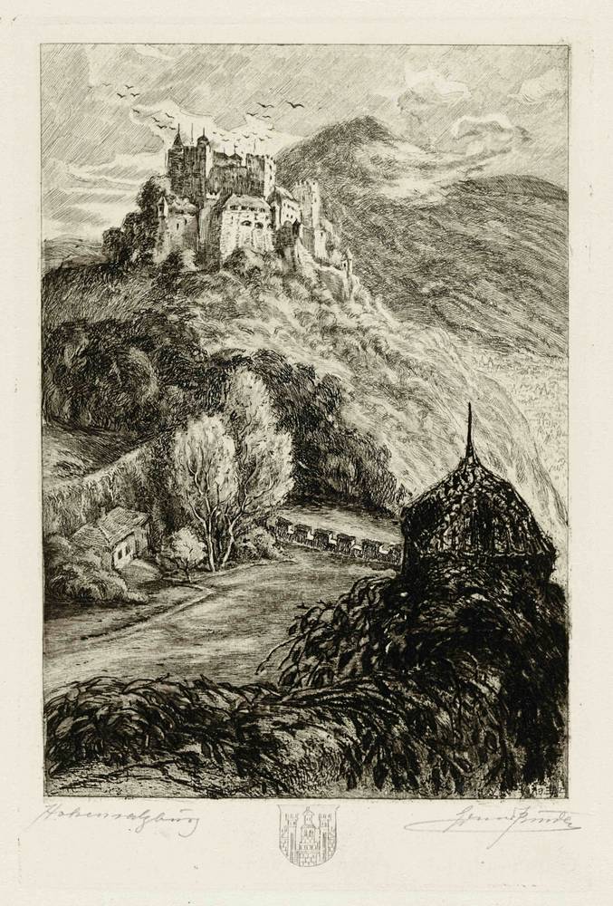 Eduard Binder (1869–1946), Hohensalzburg vom Mönchsberg (Freyschlössl), 1921, Radierung auf Papier, © Salzburg Museum