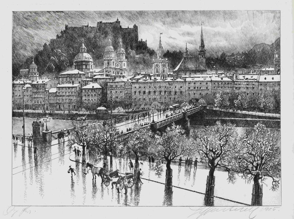 Hugo Henschl (1879–1929), Die Staatsbrücke in Salzburg, 1925, Radierung, © Salzburg Museum