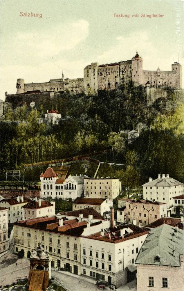 J.B. W(ien) I., Festung mit Stieglkeller, 1901–1910, Papier, Druck nach Foto – koloriert, © Salzburg Museum
