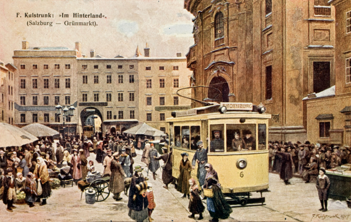Universitätsplatz mit Straßenbahn in Salzburg, 1917, Inv.-Nr. F 19544