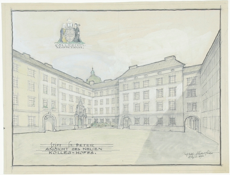 Design for the new building of the Collegiate Abbey of St. Peter in Salzburg, view of the new collegiate courtyard, Eduard Hütter, 1924, inv. no. AR 028 a-2012