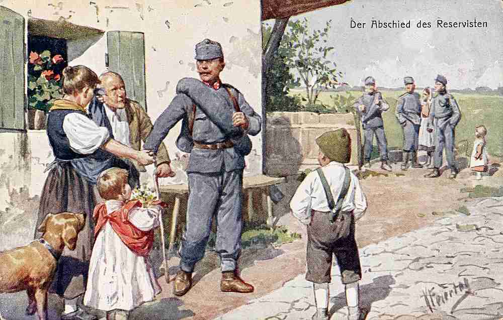 Der Abschied des Reservisten, Karl Feiertag, 1914, Papier, Druck nach Gouache, Inv.-Nr. F 22162