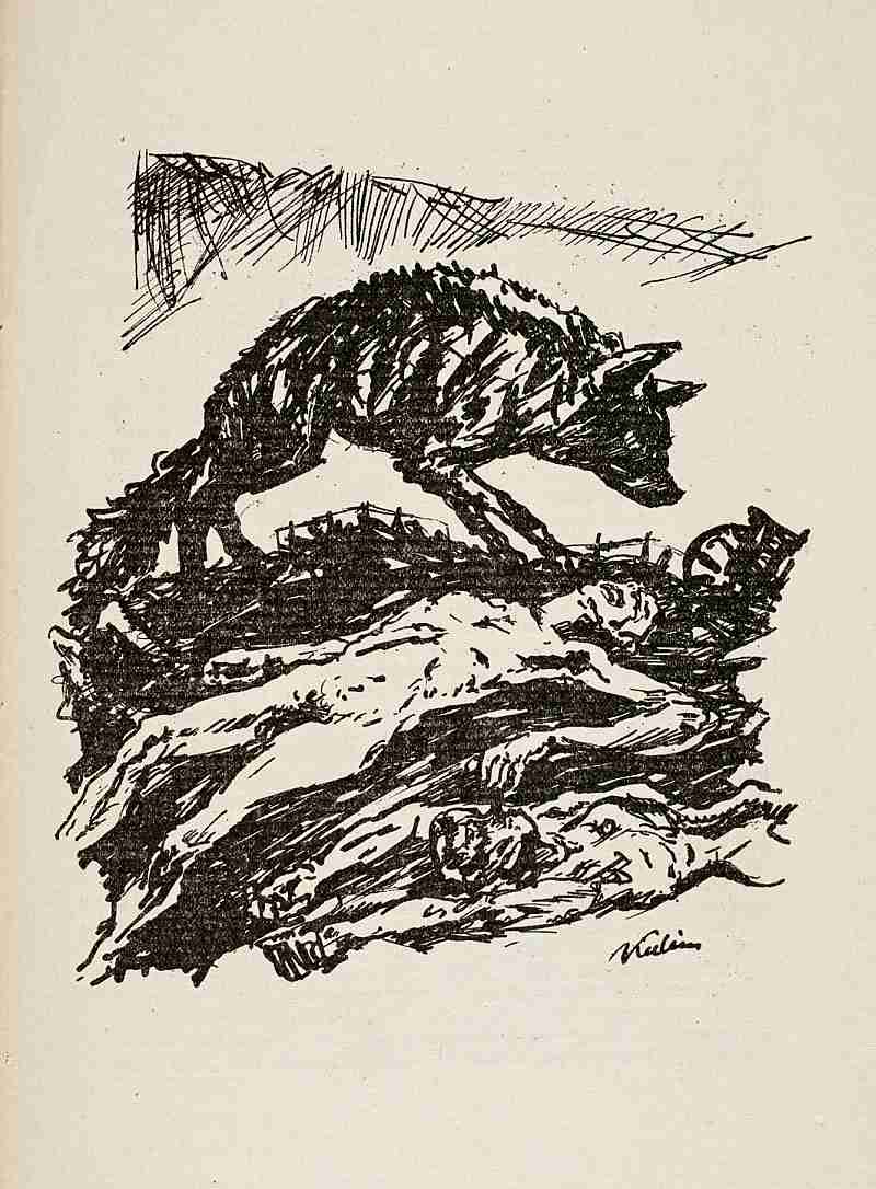 Alfred Kubin: Hyäne auf Schlachtfeld (aus: Zeit-Echo. Ein Kriegs-Tagebuch der Künstler), 1915–16, Galerie Altnöder, Salzburg
