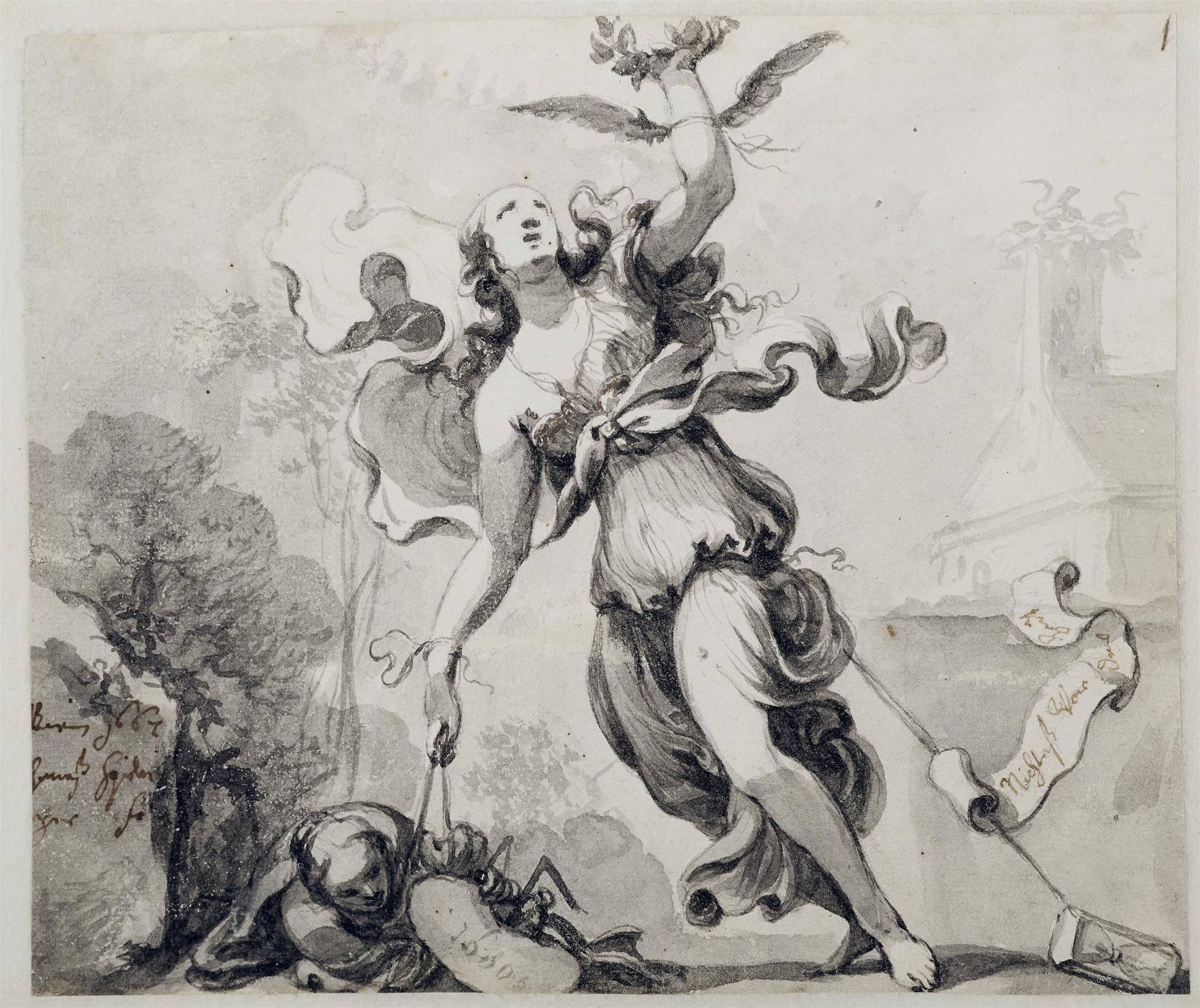 Künstlerallegorie, Johann von Spillenberger, 1667, Bleistift, Pinsel in Grau, allseitig beschnitten auf Papier, Salzburg Museum Inv.-Nr. RO 1140