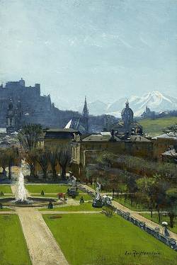 Leo Reiffenstein (1856–1924), Blick über den Mirabellgarten zur Festung Hohensalzburg, 1902, Öl auf Holz, Salzburg Museum, Inv.-Nr. 1187-2008