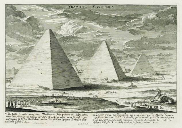 Benjamin Kenckel (1681–1717) nach Johann Bernhard Fischer von Erlach (1656–1723), Pyramiden von Gizeh, Kupferstich aus: Historische Architektur I/4, Wien 1721, © Wien Museum