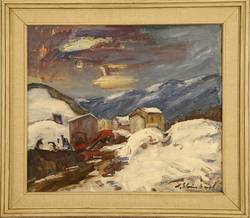 Anton Steinhart (1889–1964), Winterliche Baustelle in Haslach bei Salzburg, 1958, Öl auf Leinwand, Salzburg Museum, Inv.-Nr. 111-71