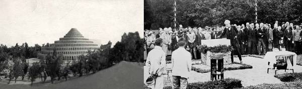 Modell des Poelzig-Projektes für ein Festspielhaus in Hellbrunn (links) und Grundsteinlegung durch Bürgermeister Josef Preis (1922). Fotos: Salzburger Festspiele/Salzburg Museum