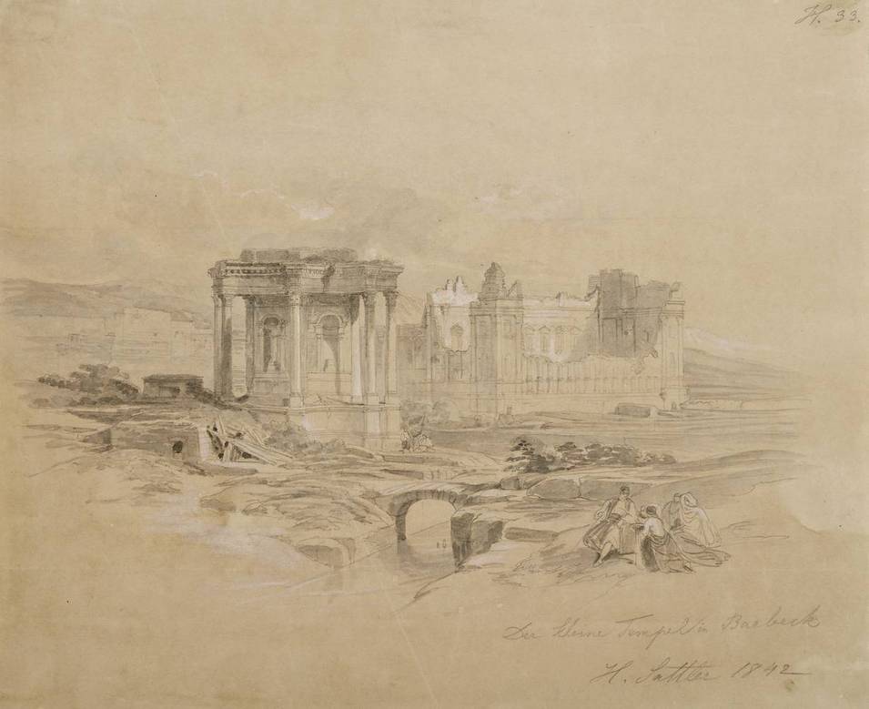 Hubert Sattler (1817–1904), Ruinen des Venus-Tempels in Baalbek (Libanon), 1842, Grafit, Aquarell, Weißhöhung, © Salzburg Museum