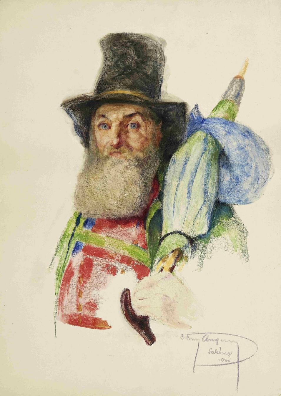 E. Tony Angerer (1884–1950), Bärtiger Pinzgauer in Tracht mit geschultertem Schirm, 1930, Farbkreiden auf Karton, © Salzburg Museum