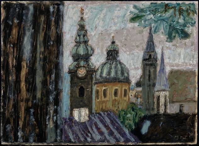 Max Peiffer Watenphul (1896–1976), Salzburger Dächer, Peterskirche und Franziskanerkirche, 1946, Öl auf Pappe  © Salzburg Museum (Schenkung Familie Pasqualucci)